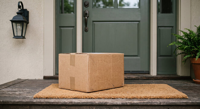 Large cardboard parcel resting on a doormat directly outside a residential front door after completed home delivery with no people visible