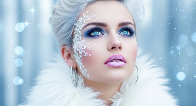 Beautiful Winter Queen Portrait with White Hair Blue Eyes and Creative Lace Face Paint Art