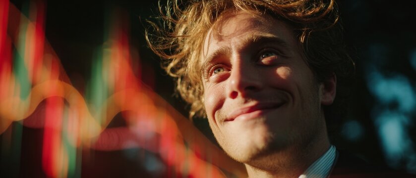 Youthful glow: a student's joyful outdoor expression. Crypto market. Joyful outdoor portrait of a happy young man with a bright smile. Exchange rates. Risk management.