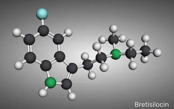 Bretisilocin molecule. Serotonergic psychedelic of the tryptamine family under development for major depressive disorder treatment. Molecular model. 3D render