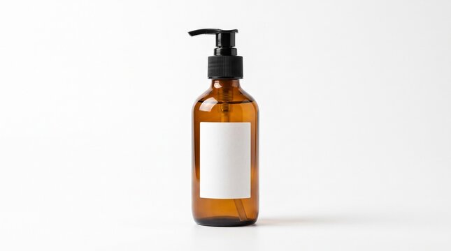 Photorealistic product photography, clear amber glass pump bottle, blank white label with no text, standing on a pure white cyclorama background, soft studio shadow beneath bottle, single soft-box