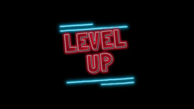 Animated neon level up sign glowing in retro video game style with against dark background glowing red blue words level achievement improvement illuminated typography