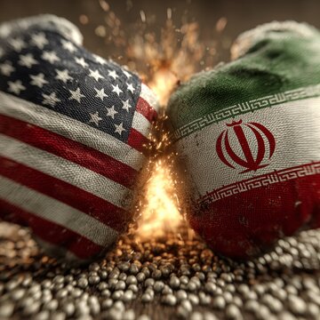Volatile encounter: flags meet in a fiery mid-air burst. Elegant outfit. Dramatic explosion: flags of usa and iran engulfed in fiery swirls. Lavish clothing. Sophisticated pose.