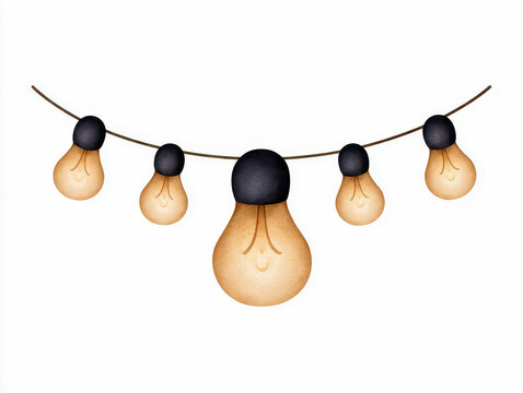 Texture hand drawn craft lamp ceiling string light bulb garland, warm watercolor hanging decor with black cap and curved cord