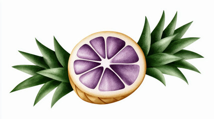 Texture hand drawn craft pattern pineapple fruit slice leaf botanical watercolor illustration with purple flesh, green crown on white background © Arnon  Parnnao