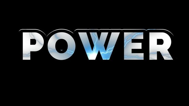 Dynamic electricity text animation featuring sequential lightning effects filling metallic letters against a stark black background with animating through metallic appearing stages bright