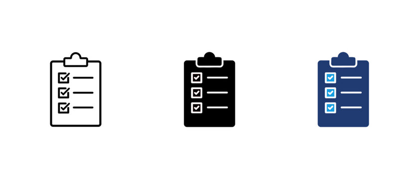 Clipboard checklist icon set, task management survey document linear and solid vector illustration