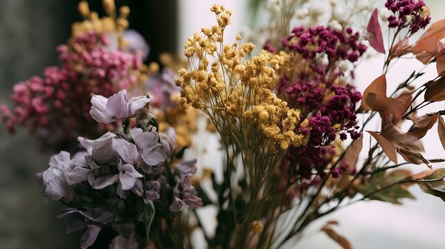 A close up of dried flowers in muted tones including yellow  purple  and brown  softly lit against a blurred background