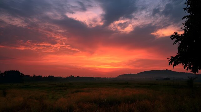 A dramatic sunset paints the sky in fiery reds and purples above a grassy field with distant hills