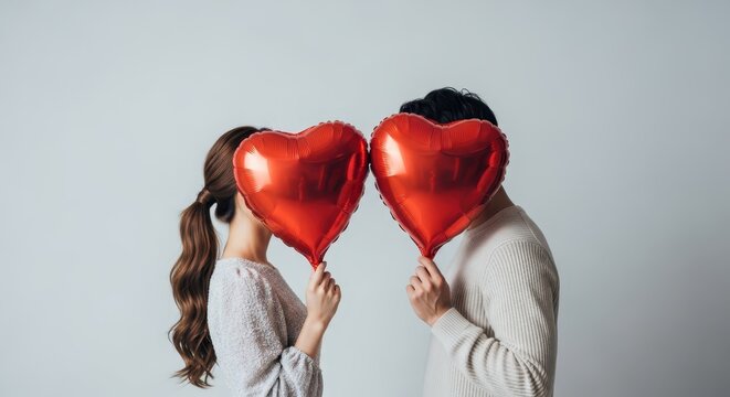 Young Romantic Couple Hiding Their Faces Behind Red Heart Shaped Balloons for Valentine's Day Concept