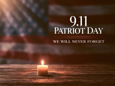 Candle floating on water with 9 11 patriot day text