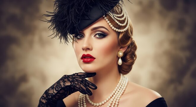 Elegant Vintage Woman in 1920s Style with Pearl Jewelry, Black Feather Hat and Lace Gloves