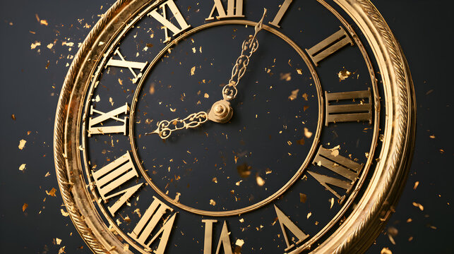 A luxurious gold clock face with Roman numerals and confetti is set against a, 3d rendered