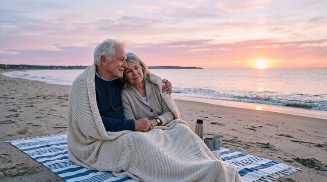 Senior couple sitting closely together on a beach blanket wrapped in warm wool while watching a vibrant golden sunset horizon