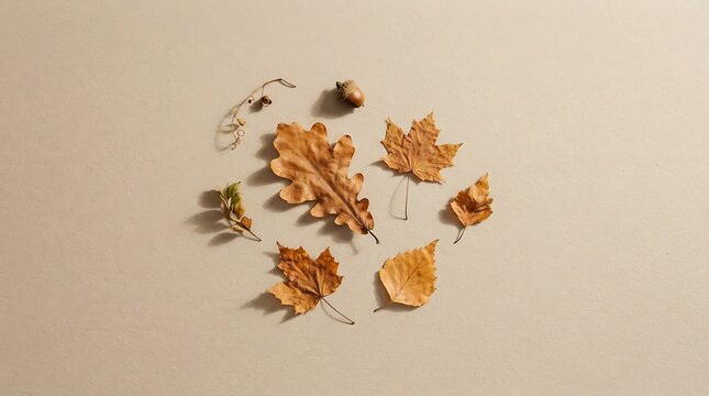 Autumn leaves and acorn arranged in a circle on neutral background overhead view