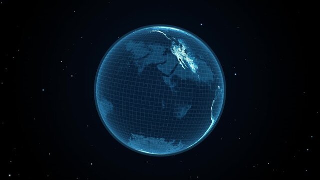 Rotating Holographic Earth with Glowing Continents and Galactic Stars