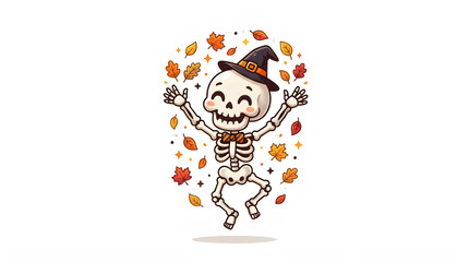 Naklejka premium Cute Halloween Skeleton Jumping with Autumn Leaves. Happy Halloween Character Illustration. Kawaii Dead Bone Person in Witch Hat. Fall Seasonal Design isolated PNG with Transparent Background