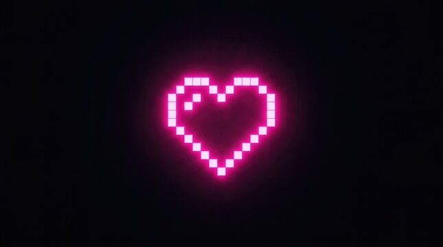 Glowing pink pixel art heart shape isolated on a dark background for romantic or gaming themes