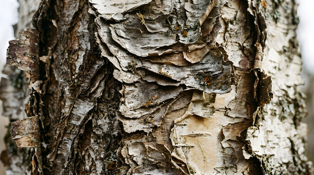Close-up of peeling birch tree bark texture in natural light