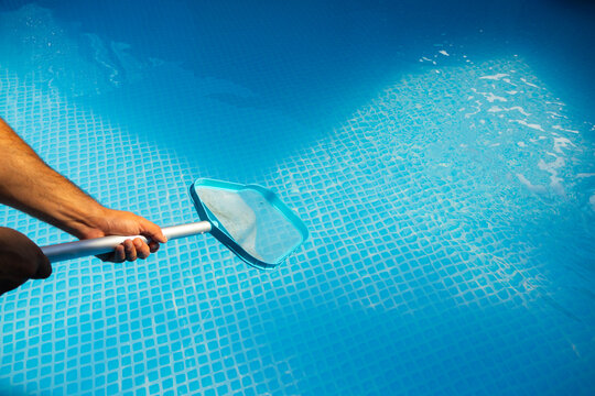 A person cleans the bottom of a blue backyard swimming pool using a leaf skimmer net, removing debris from clear water. Practical pool maintenance concept during the summer season.