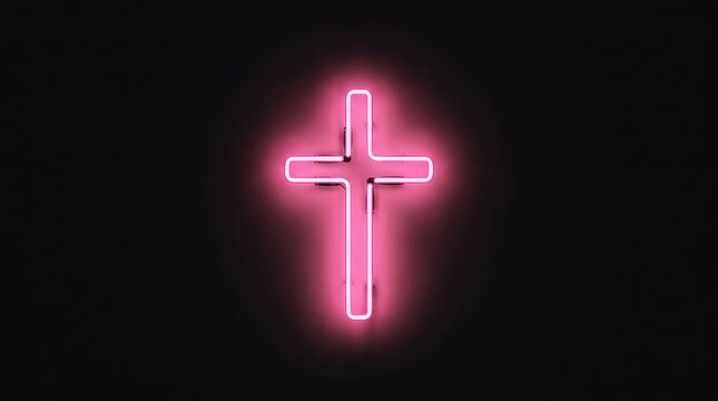 A glowing pink neon cross sign isolated on a dark black background for religious or spiritual concepts
