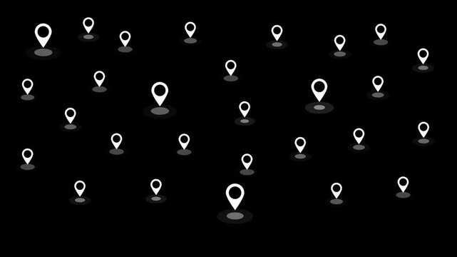 Many location markers pulsing on black background. GPS location pointer animation with radio wave. Location markers icon for navigation and location pin markers with signal trace animation concept