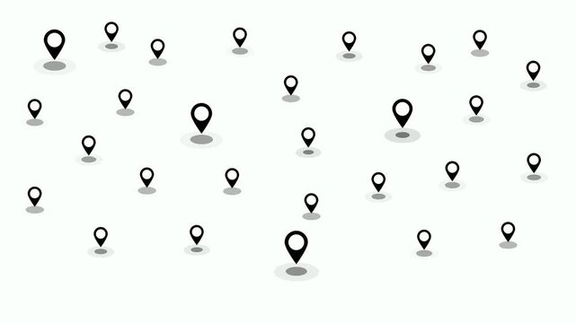 Many location markers pulsing on white background. GPS location pointer animation with radio wave. Location markers icon for navigation and location pin markers with signal trace animation concept