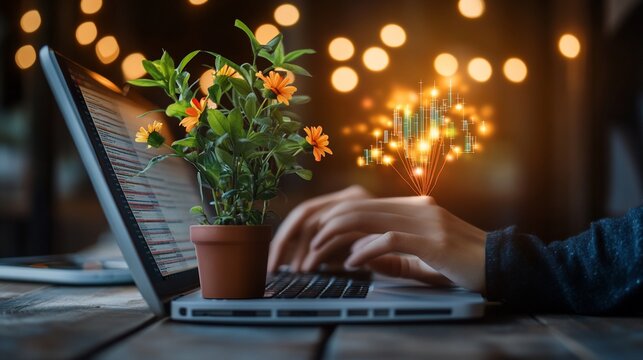 A person working on a laptop, with a small plant, and glowing data visualization