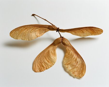 Golden Maple Seed Wings Against White Background