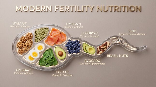 Sperm Cell Silhouette Filled with Healthy Food &ndash; Male Fertility, Nutrition and Reproductive Health Concept