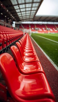 Row of empty bright red stadium seats beside a football pitch