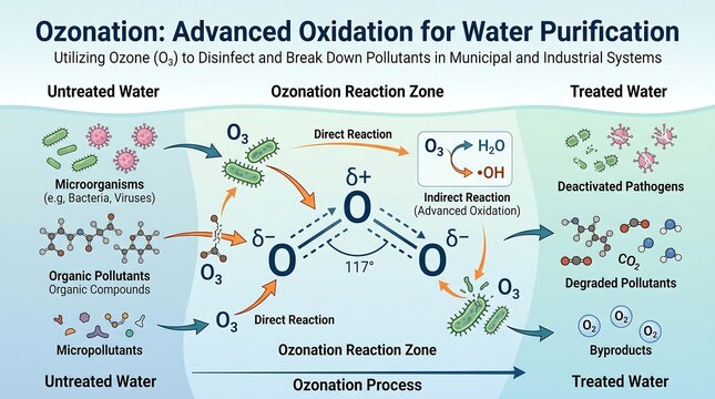 Ozonation advanced oxidation for water purification infographic, ozone disinfection process diagram, municipal and industrial water treatment system