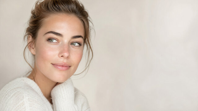 Skincare lifestyle portrait of a beautiful woman with glowing natural makeup wearing a white knit sweater against a neutral background