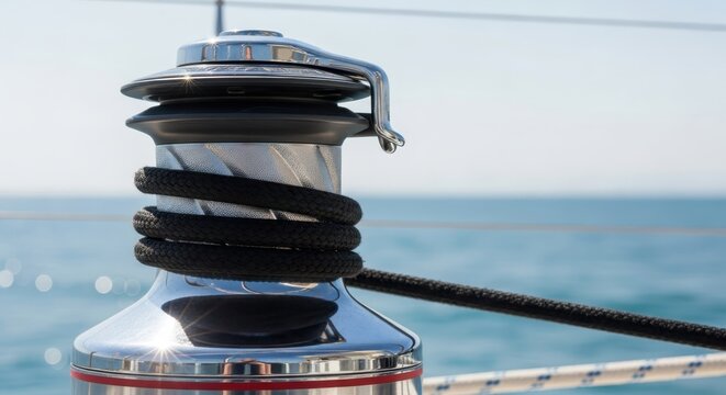 Close-up of a Polished Chrome Sailboat Winch with Black Rope on a Yacht Deck with Blue Ocean Background