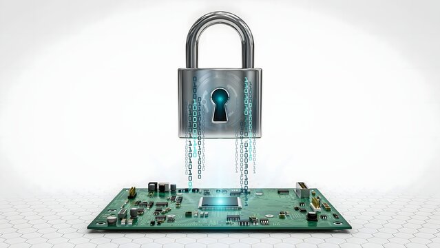 Cyber padlock hovering above glowing circuit board &ndash; Ideal for data protection, network security, and technology branding.