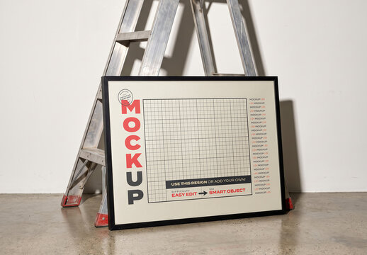 Horizontal Poster Frame Mockup Leaning on Ladder Hard Flash