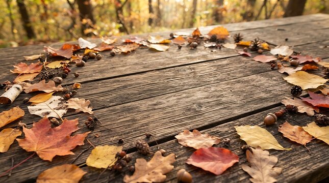 Autumn leaves circle on wooden table natural fall season background