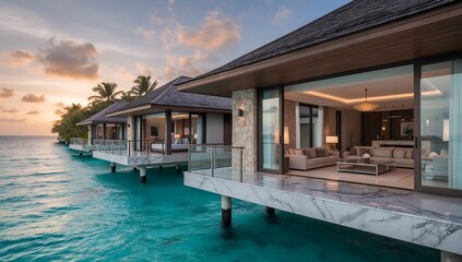 Fototapeta premium Luxury overwater villas above a crystal-clear tropical ocean at sunset