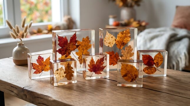 Autumn leaves encased in clear resin blocks displayed on wooden table