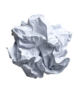 Crumpled Paper Ball: A single, white crumpled paper ball sits isolated, its texture revealing the folds and creases from repeated attempts, symbolizing frustration or a rejected idea.