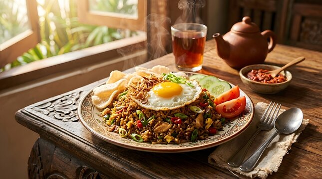 Authentic Indonesian Nasi Goreng Served with Sunny Side Up Egg and Hot Tea on Rustic Wooden Table