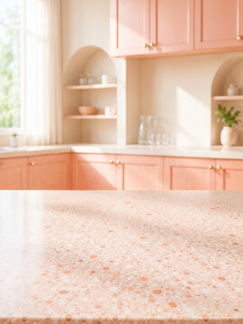 Pastel coral pink peach kitchen interior with soft modern styling
