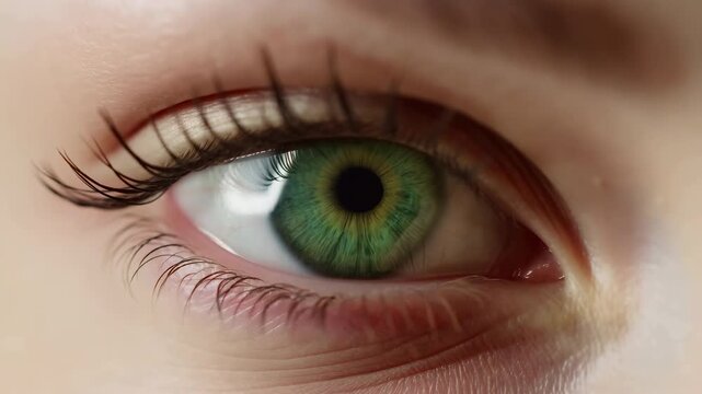Close-up green eye gradually opening with glossy corneal highlight, yellow ring around pupil, separated upper lashes, detailed iris striations, soft skin texture, and natural gaze