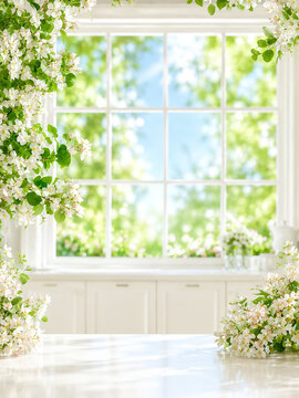 Sunlit garden kitchen interior filled with flowers, vines, and lush greenery