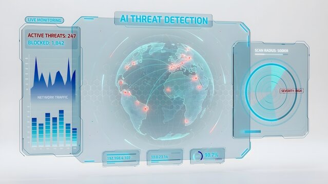 Futuristic threat monitoring interface with hologram &ndash; Perfect for network analytics, AI supervision, and cyber defense.