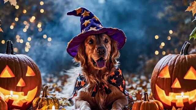 Cinematic portrait of a happy golden retriever wearing a magical wizard hat and cape surrounded by glowing carved pumpkins and candles in an enchanted autumn forest for Halloween
