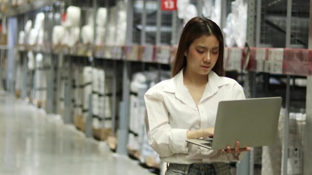 Confused Asian woman worker working on laptop to check stock at warehouse. Beautiful female staff check inventory on shelves in wholesale warehouse. Serious woman counting and checking stock in store.