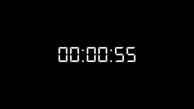 One minute countdown animation from 60 seconds to 0 second with alpha channel, 1 minute timer on stopwatch countdown animation video.