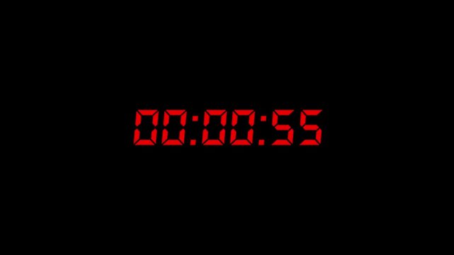 One minute countdown animation from 60 seconds to 0 second with alpha channel, 1 minute timer on stopwatch countdown animation video.