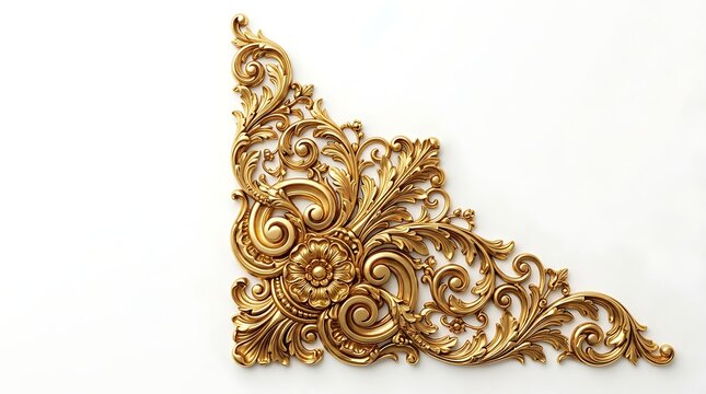 Elegant golden filigree corner frame on white with copy space